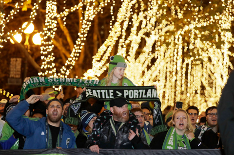Portland Timbers and Seattle Sounders Fans outside Qwest Stadium in Seattle post season soccer 