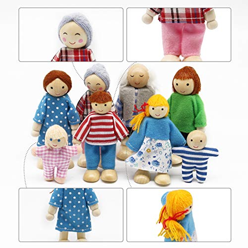 Wagoog Dolls House Dolls Family Set, Wooden 8 Mini People Figures Dolls Playset for Dollhouse Accessories Girls Kids Children Pretend Toy Gift