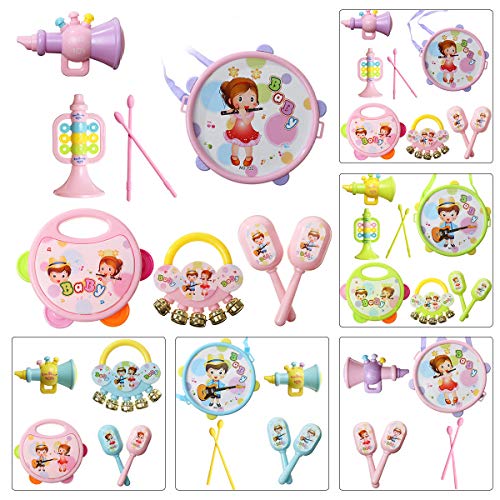 Drum Bell Sand Hammer Trumpet Set Musical Instrument Educational Toys, Handbell Instruments Band Kit for Kids Gift (D)
