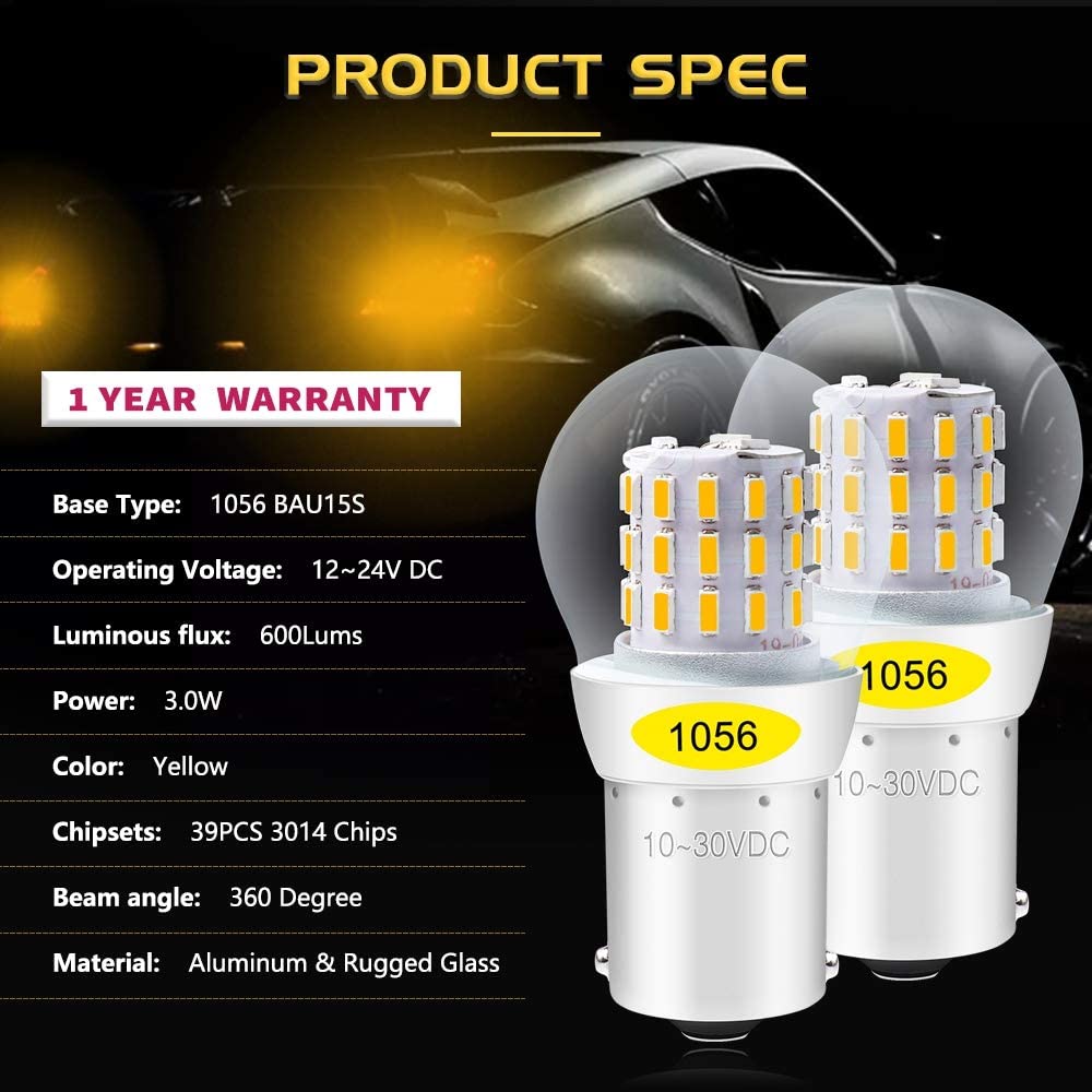 2835 33 SMD Replacement Bulbs for Turn Signal Lights Blinker AMAZENAR 2-Pack 1056 BAU15S 7507 12496 5009 PY21W Extremely Bright Amber/Yellow LED Light 9-30V-DC 