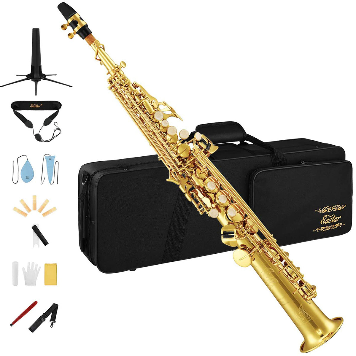

Eastar SS-Ⅱ Students Bb Soprano Saxophone Gold Lacquer B Flat Beginners with Carrying Sax Case Mouthpiece Straps Gloves Reeds Stand Cork Grease Cleaning Cloth & Brush