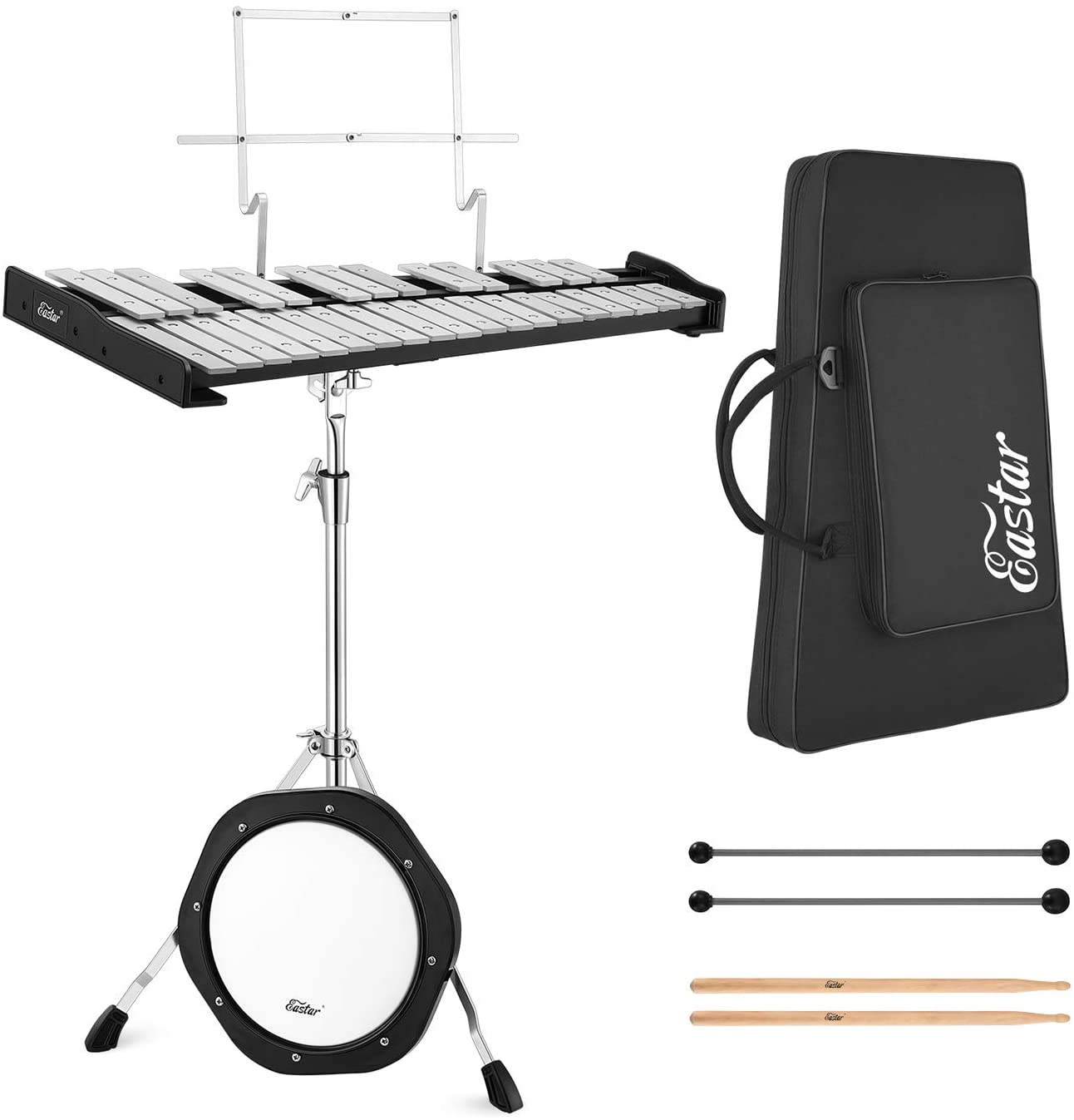 

Eastar 32 Note Professional Glockenspiel with 8 Inch Drum Practice Pad/Stand/Matte Glockenspiel Pieces//Glockenspiel Stick/Drum Sticks/Carrying Bag