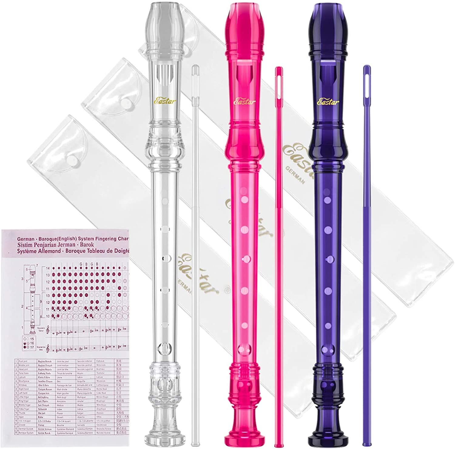 

Eastar ERS-3G1 3 PCS German Soprano Recorder 8 Hole C Key 3 Piece Instrument With Fingering Chart Cleaning Rod and Bag,Transparent Pink Purple