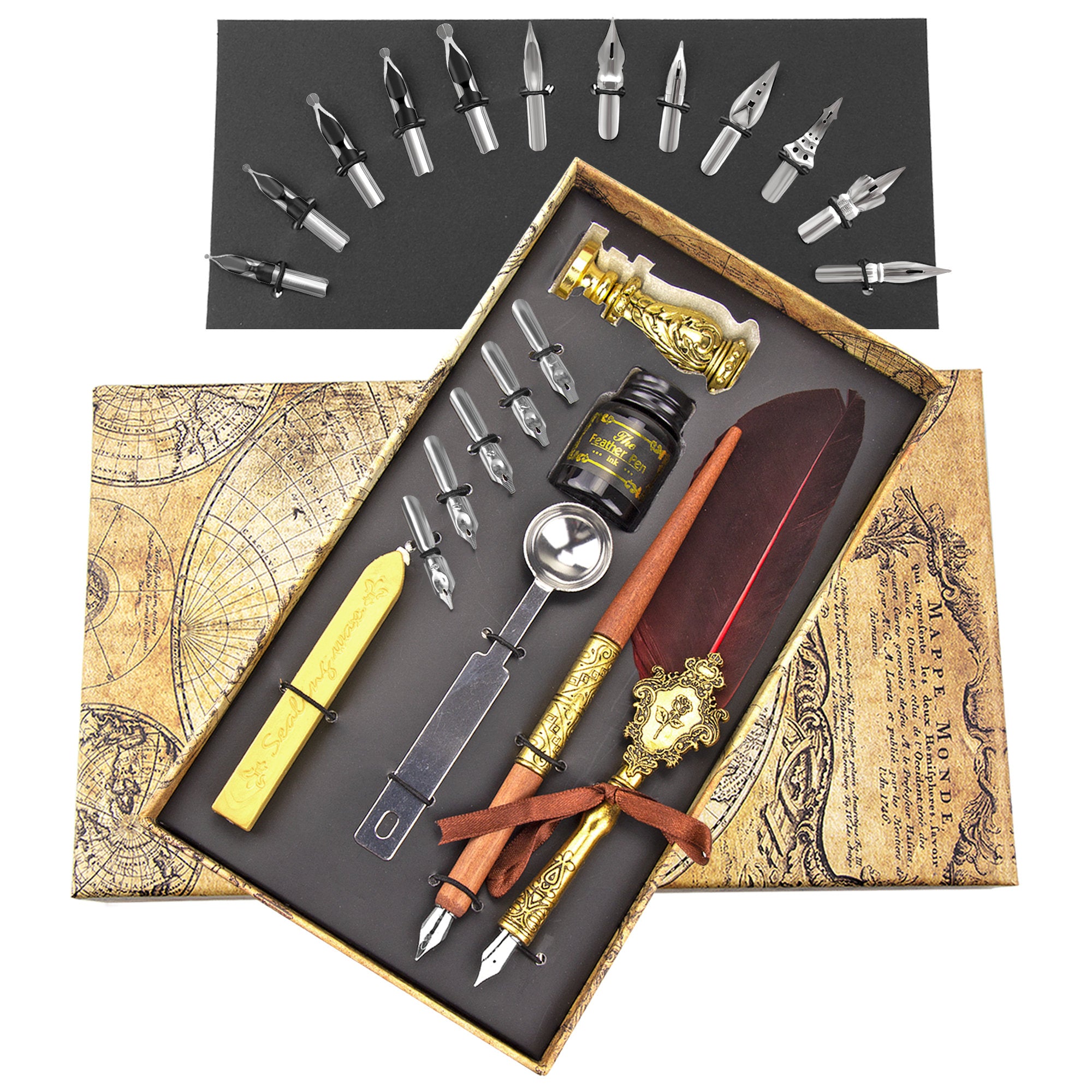 Calligraphy Writing Dip Pen Feather Quill Pen and Ink Set Wax Seal Stamp Kit 