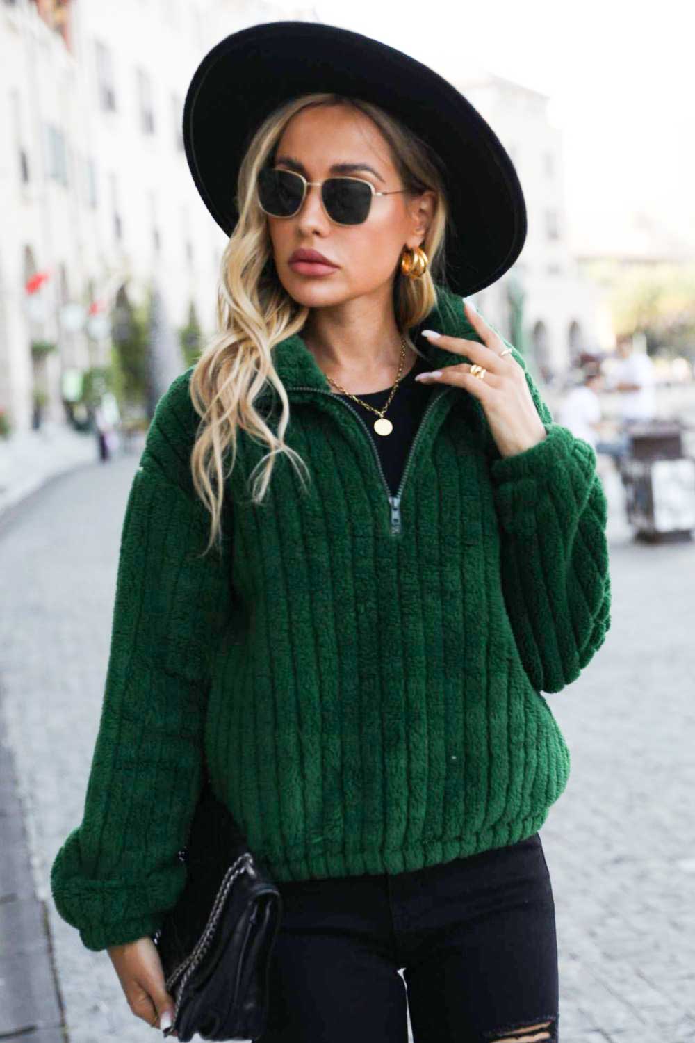Ribbed Quarter-Zip Brushed Sweatshirt