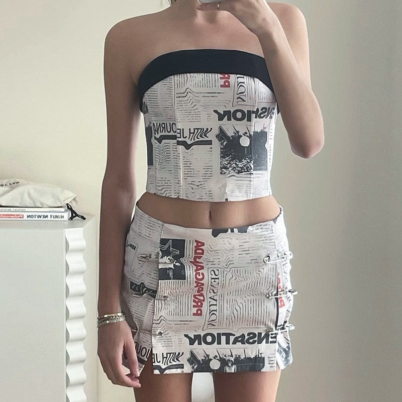 Newspaper Print Two Piece Set Women Strapless Crop Tube Top Sexy Backl picture