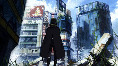 Yuichiro looking at a destroyed city while on patrol.