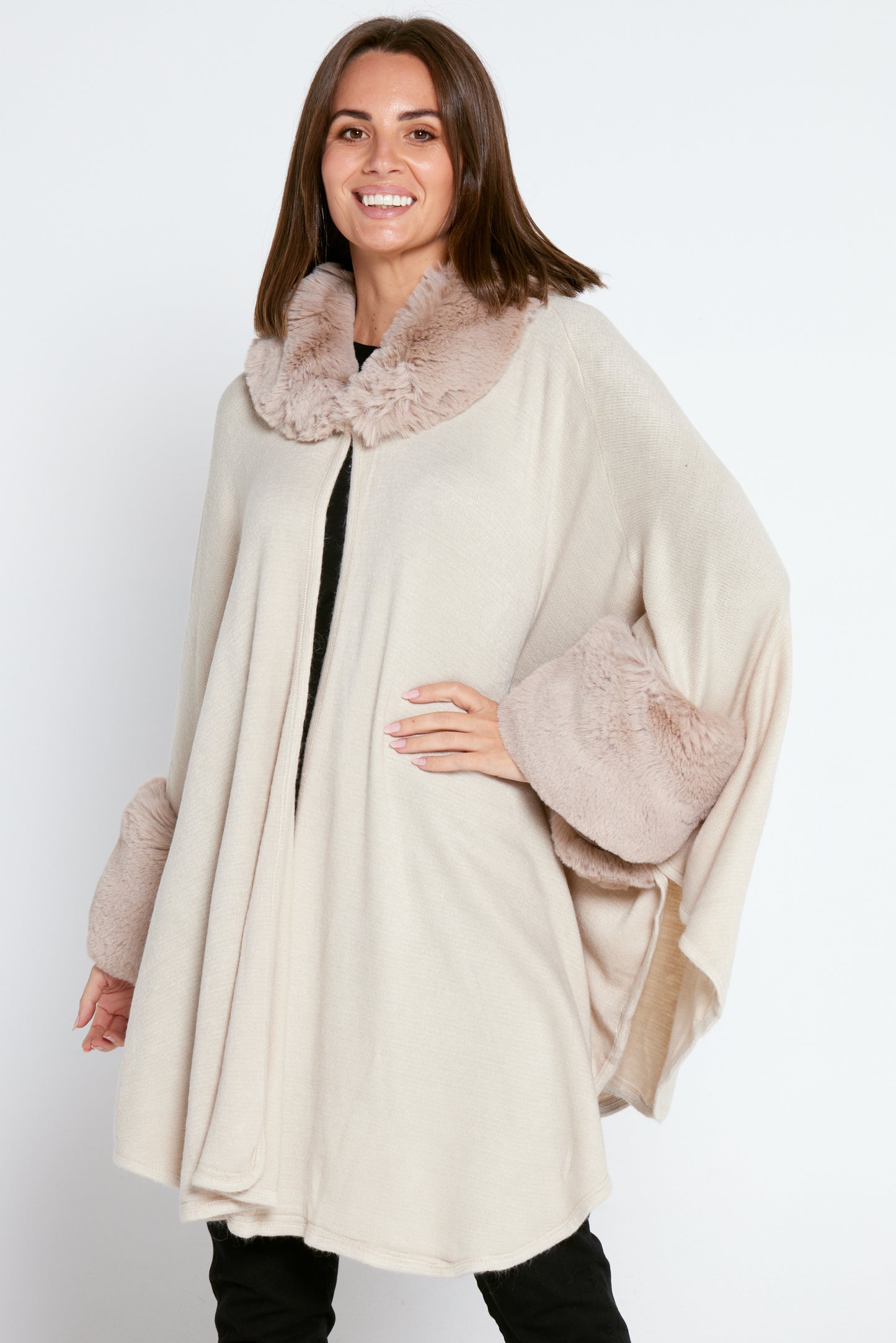 Ava Faux Fur Knit Shrug - Beige