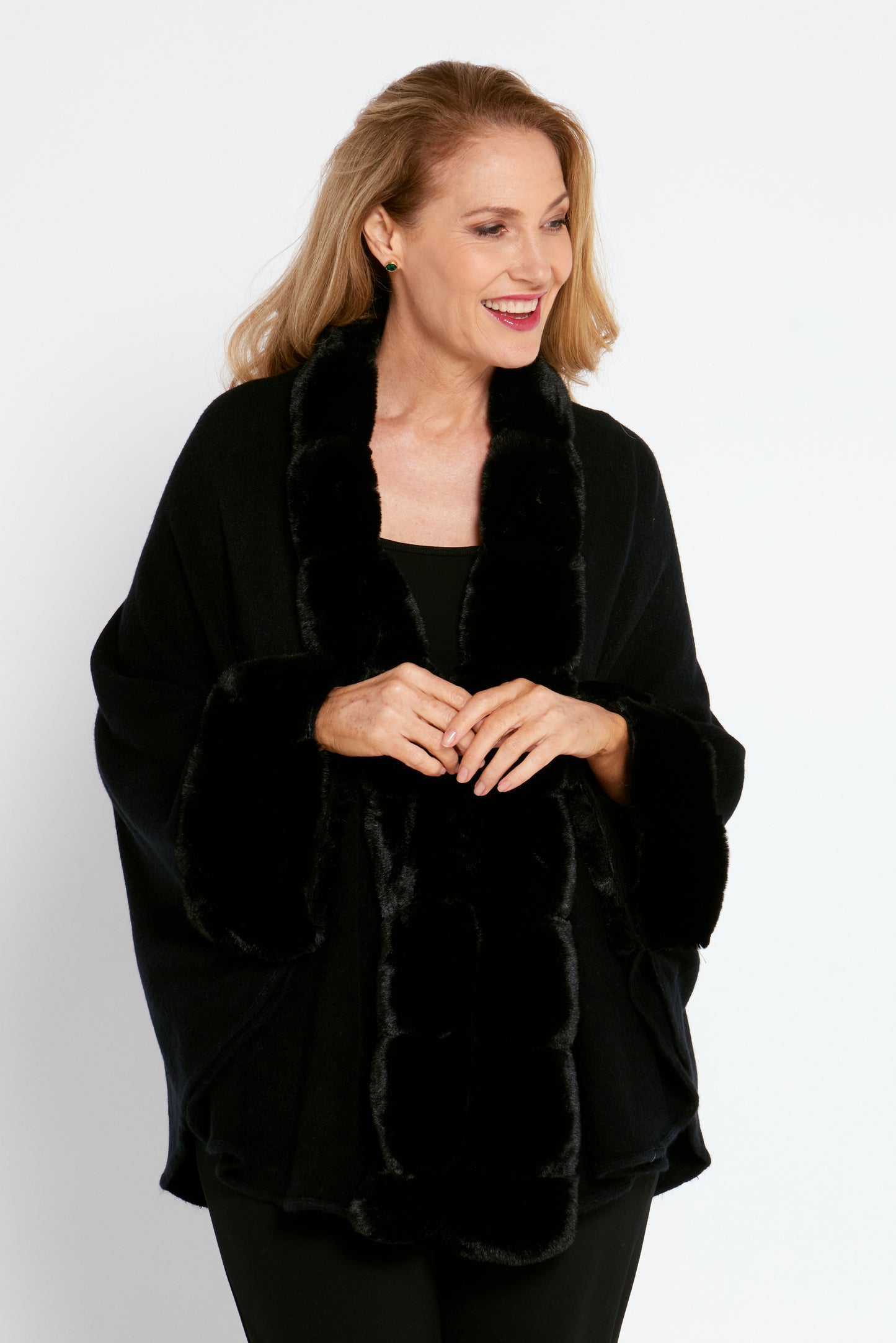 Bacall Faux Fur Knit Cape - Black