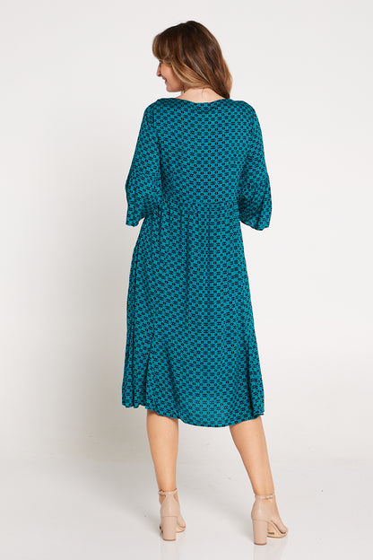 Brighton Sleeved Dress - Teal Print