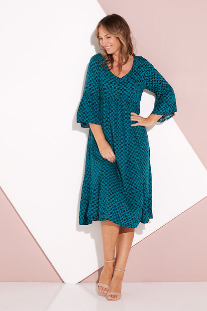 Brighton Sleeved Dress - Teal Print