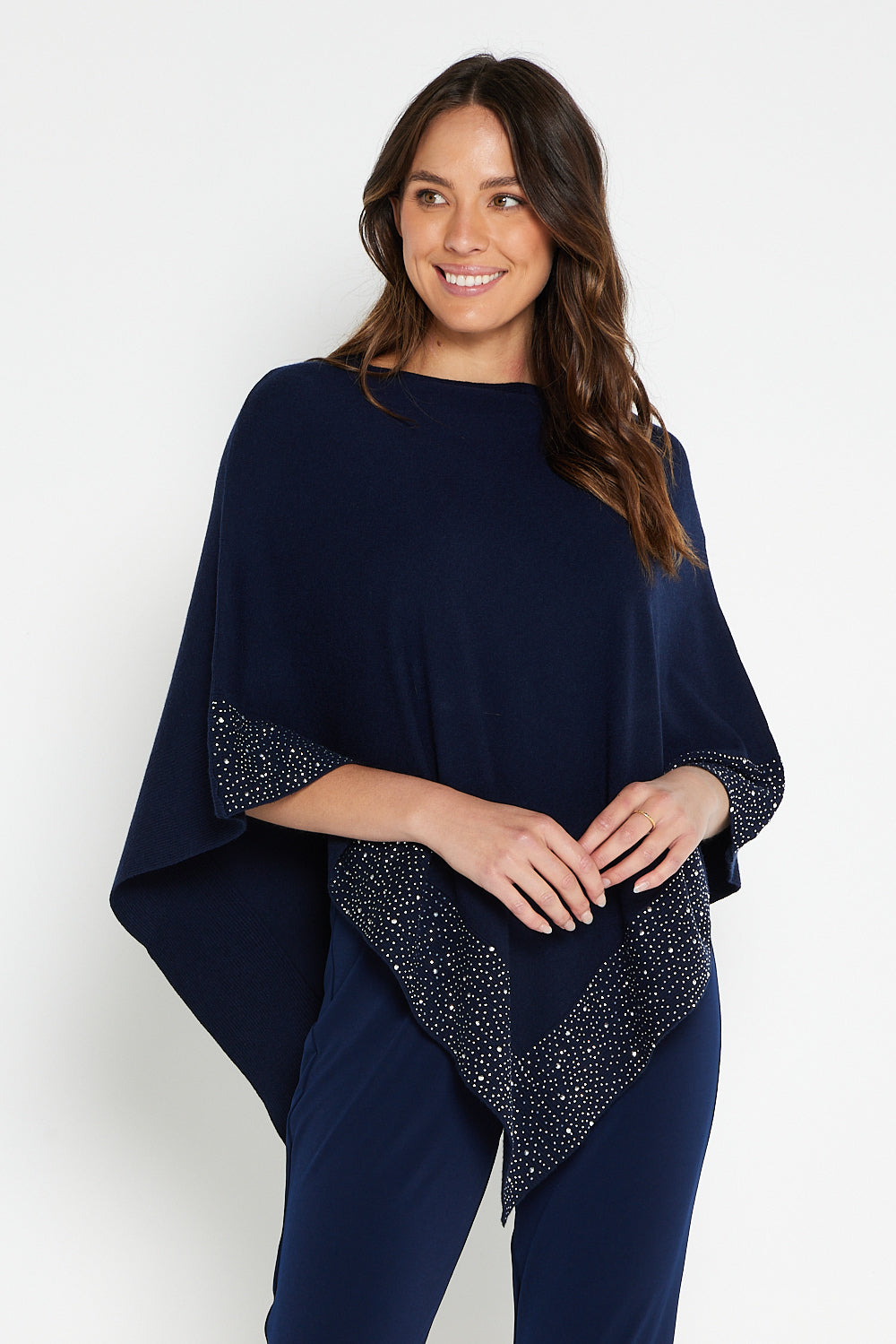 Elsa Rhinestone Poncho - Navy