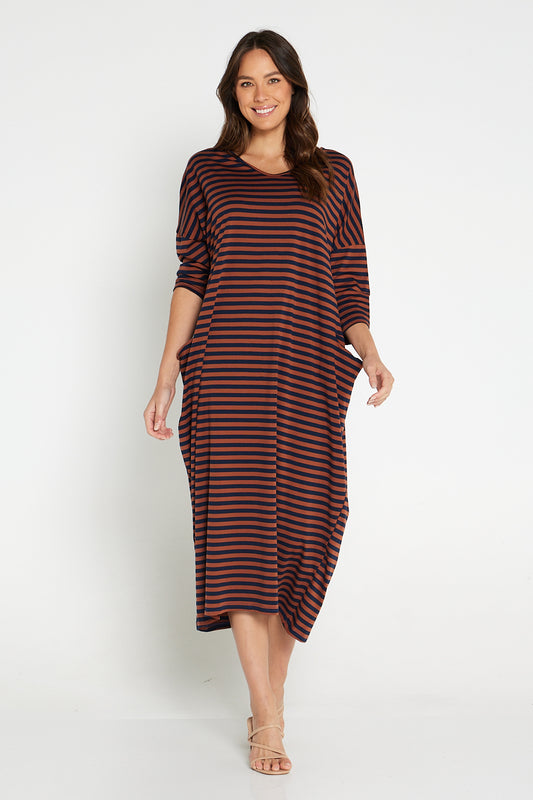 Emmy Maxi Dress - Brown Navy Stripe