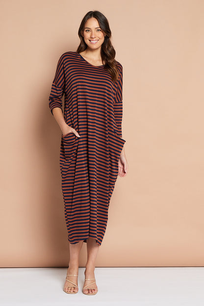 Emmy Maxi Dress - Brown Navy Stripe