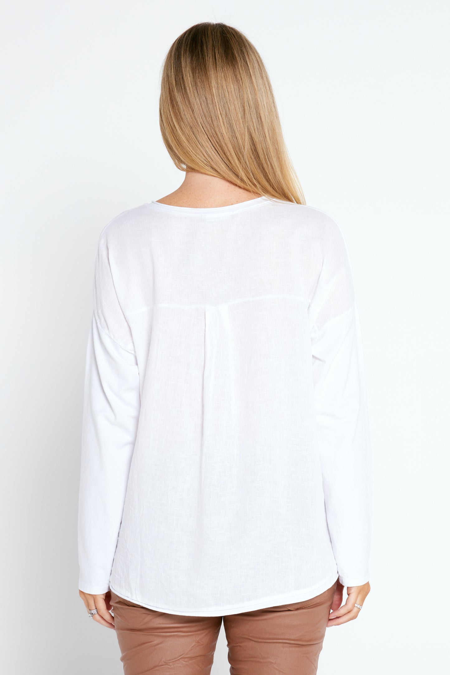 Flavia Linen Long Sleeve Tee - Bianco