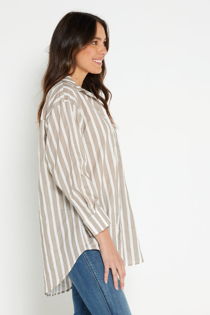 Joss Cotton Shirt - Taupe White Stripe