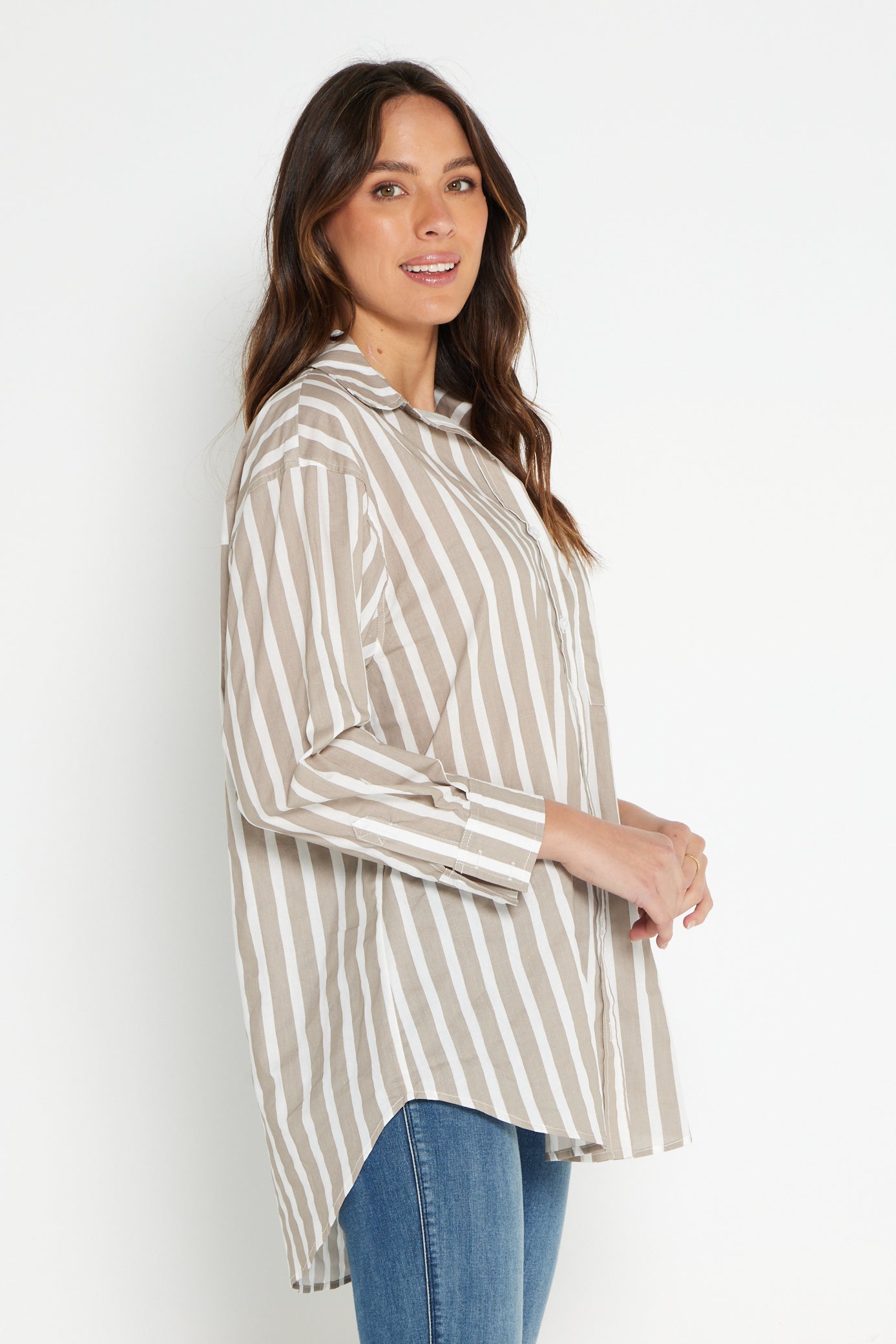 Joss Cotton Shirt - Taupe White Stripe