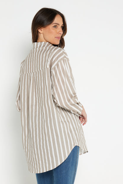 Joss Cotton Shirt - Taupe White Stripe