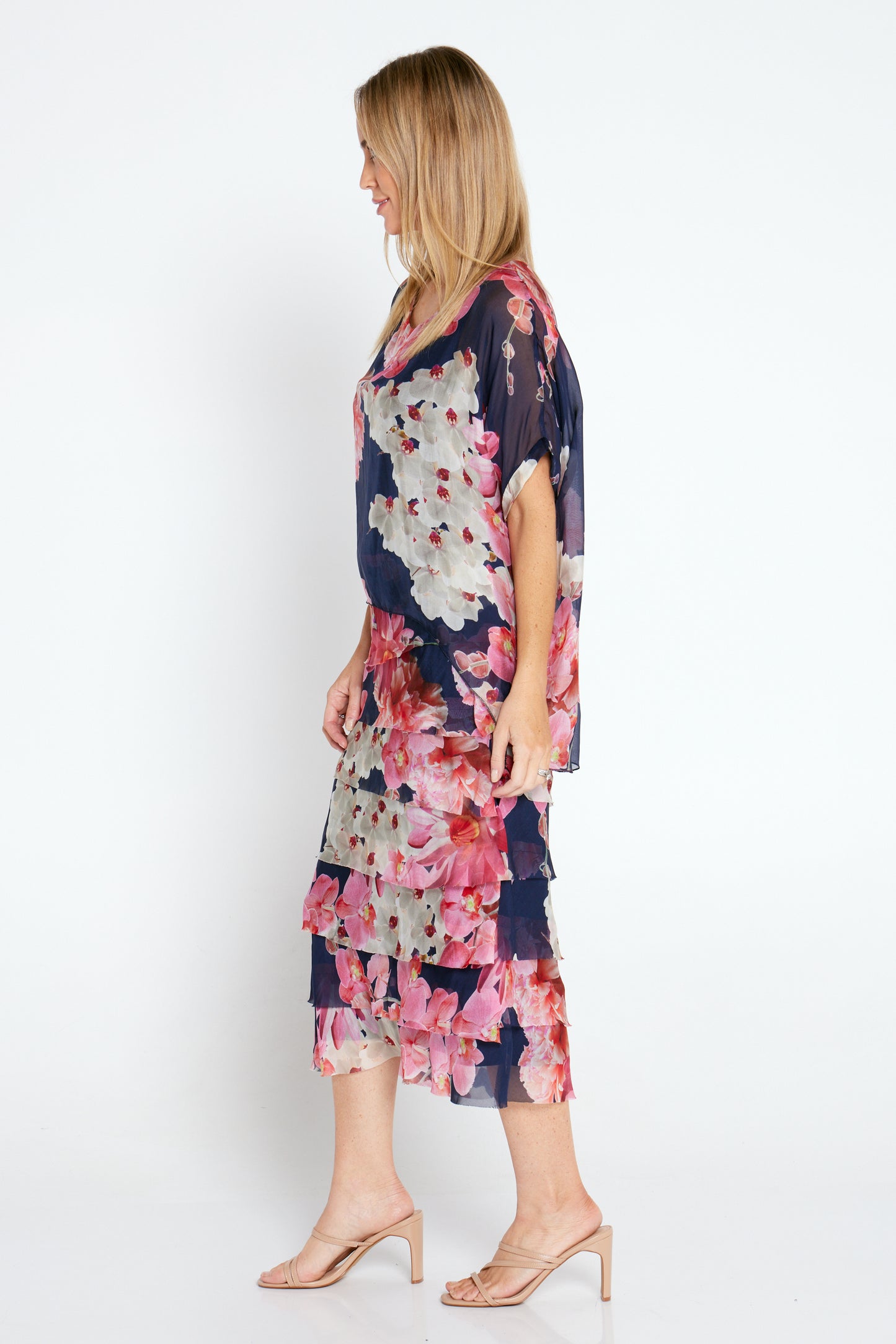 Margo Silk Dress - Navy/Pink Bouquet