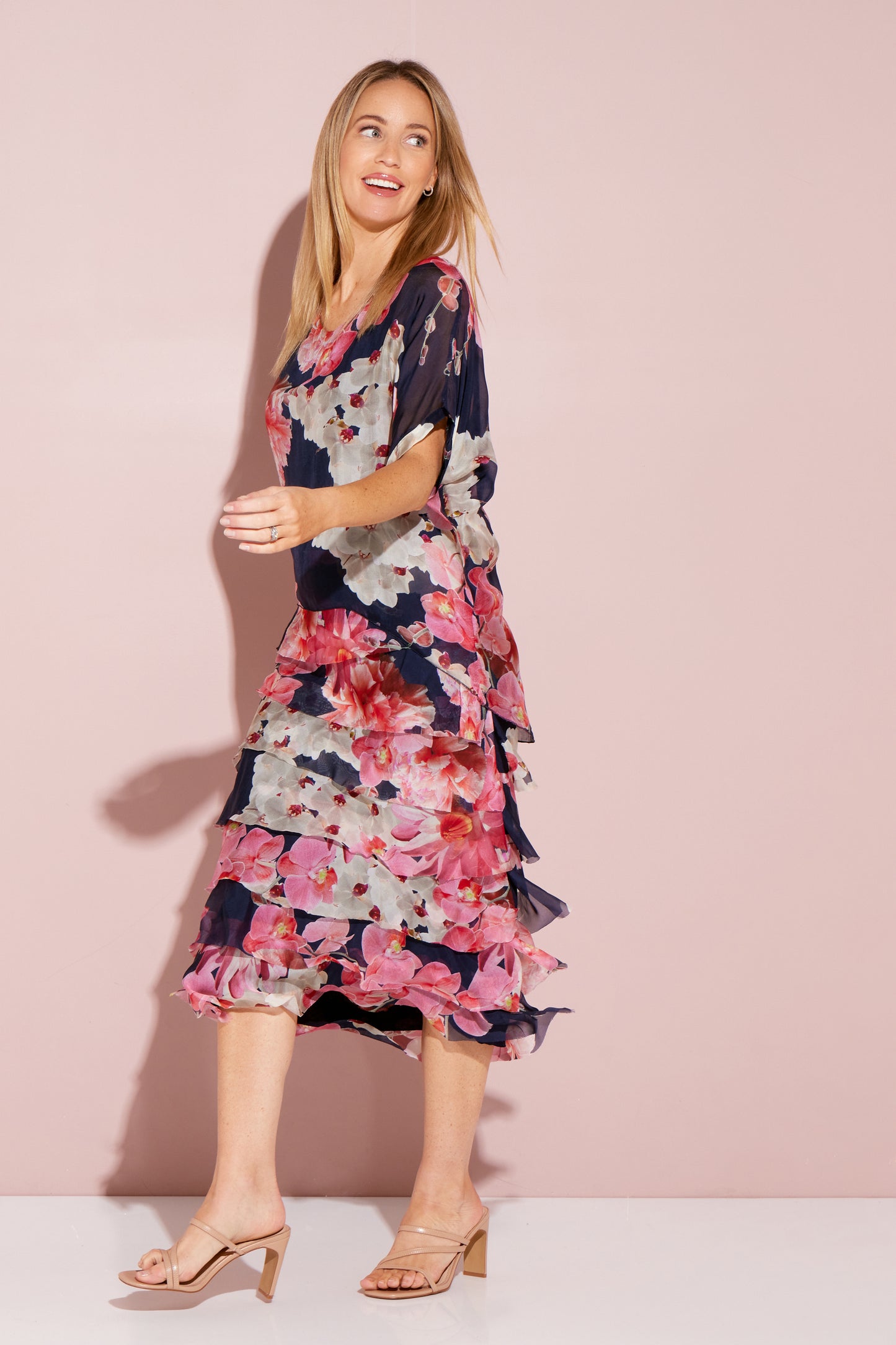 Margo Silk Dress - Navy/Pink Bouquet