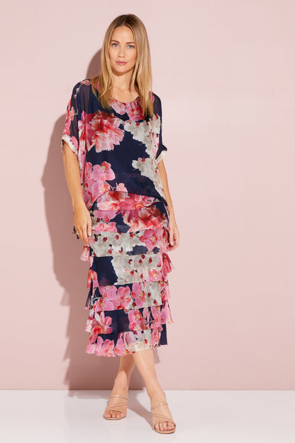 Margo Silk Dress - Navy/Pink Bouquet