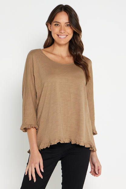 Ruffle Core 3/4 Sleeve Top - Camel