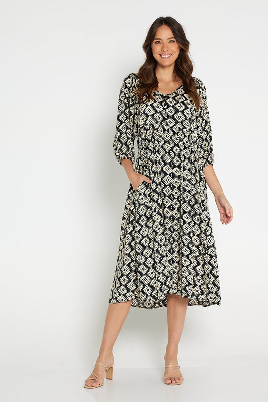 Sabina Dress - Black Cream Print