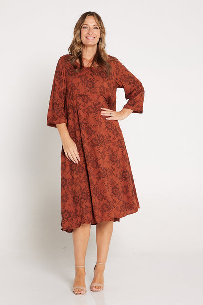 Sleeved Waterhouse Dress - Rust Floral