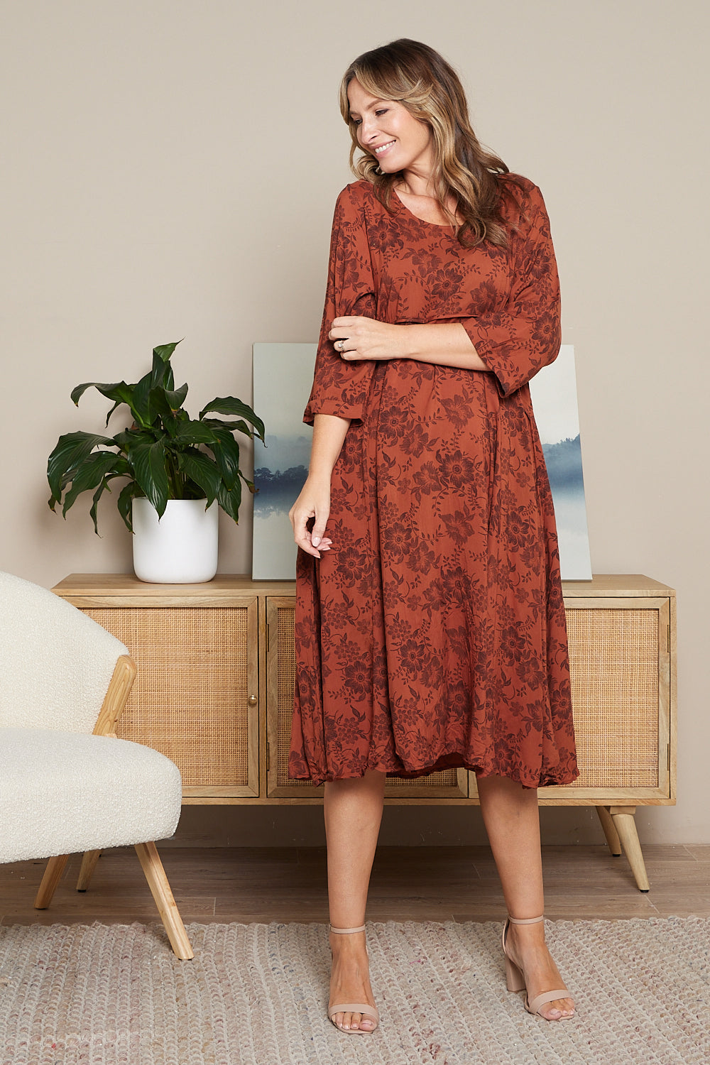 Sleeved Waterhouse Dress - Rust Floral