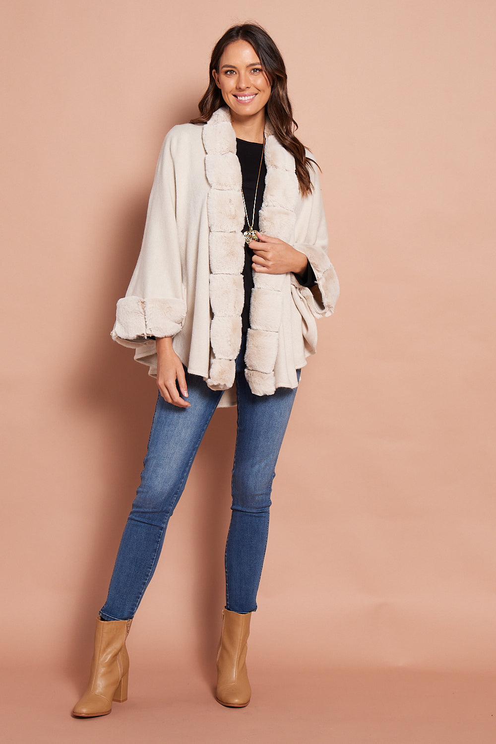 Bacall Faux Fur Knit Cape - Cream