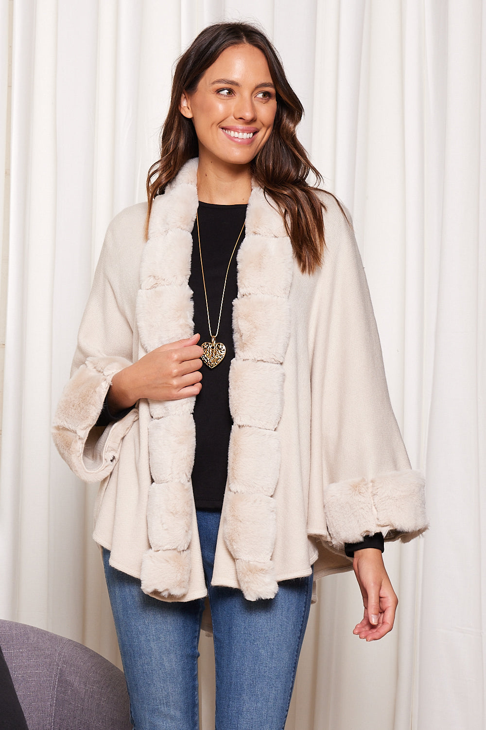 Bacall Faux Fur Knit Cape - Cream