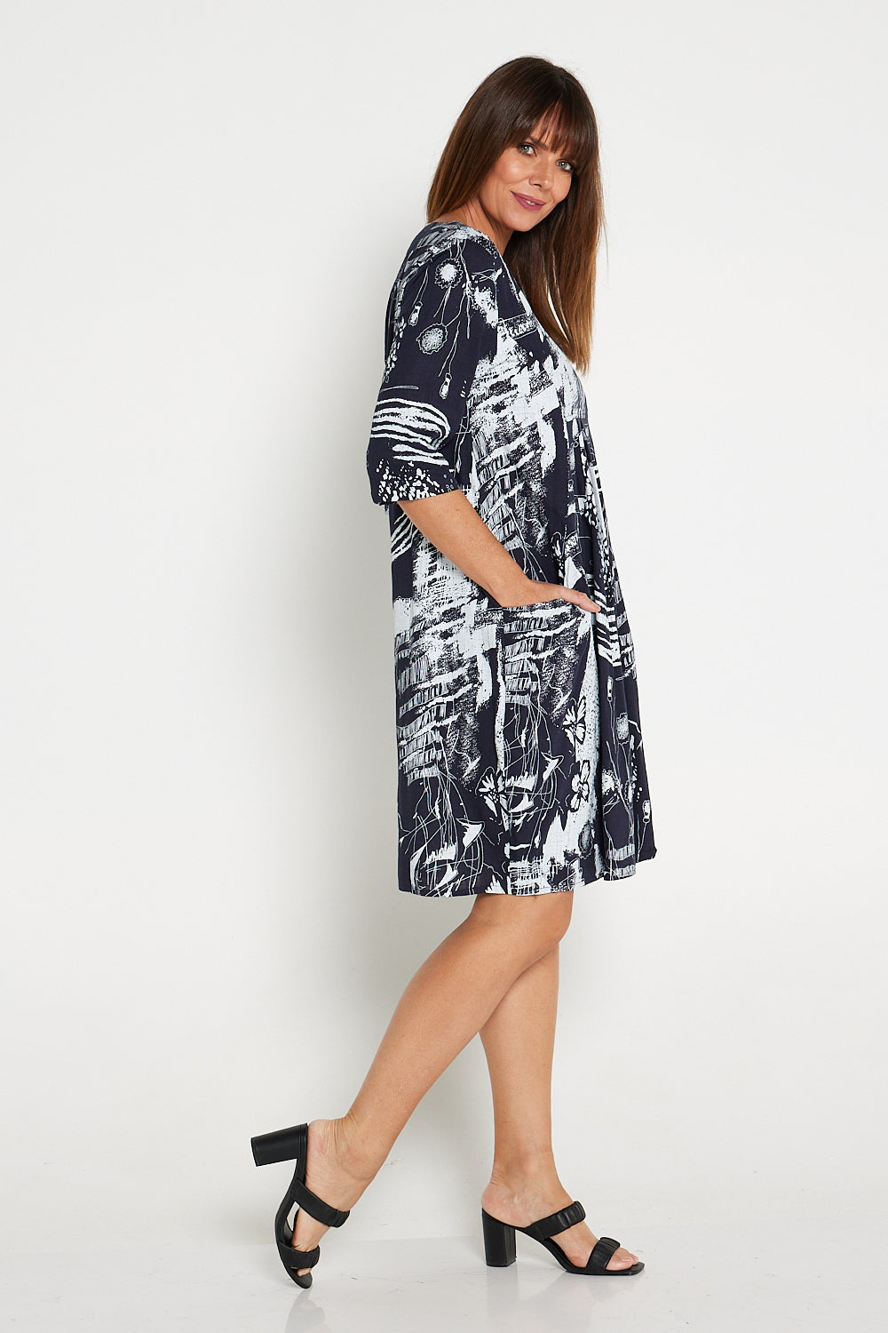 Diaz Linen Dress - Navy White Print