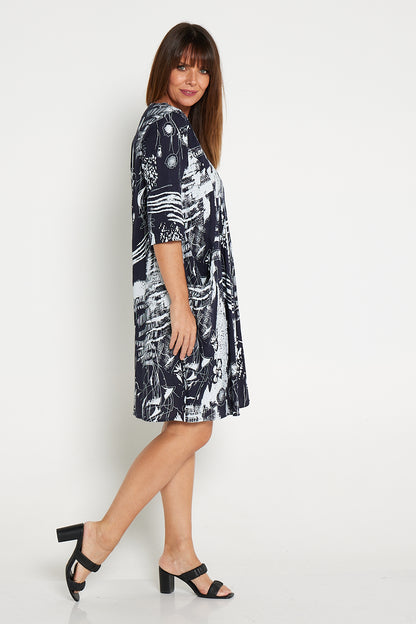 Diaz Linen Dress - Navy White Print