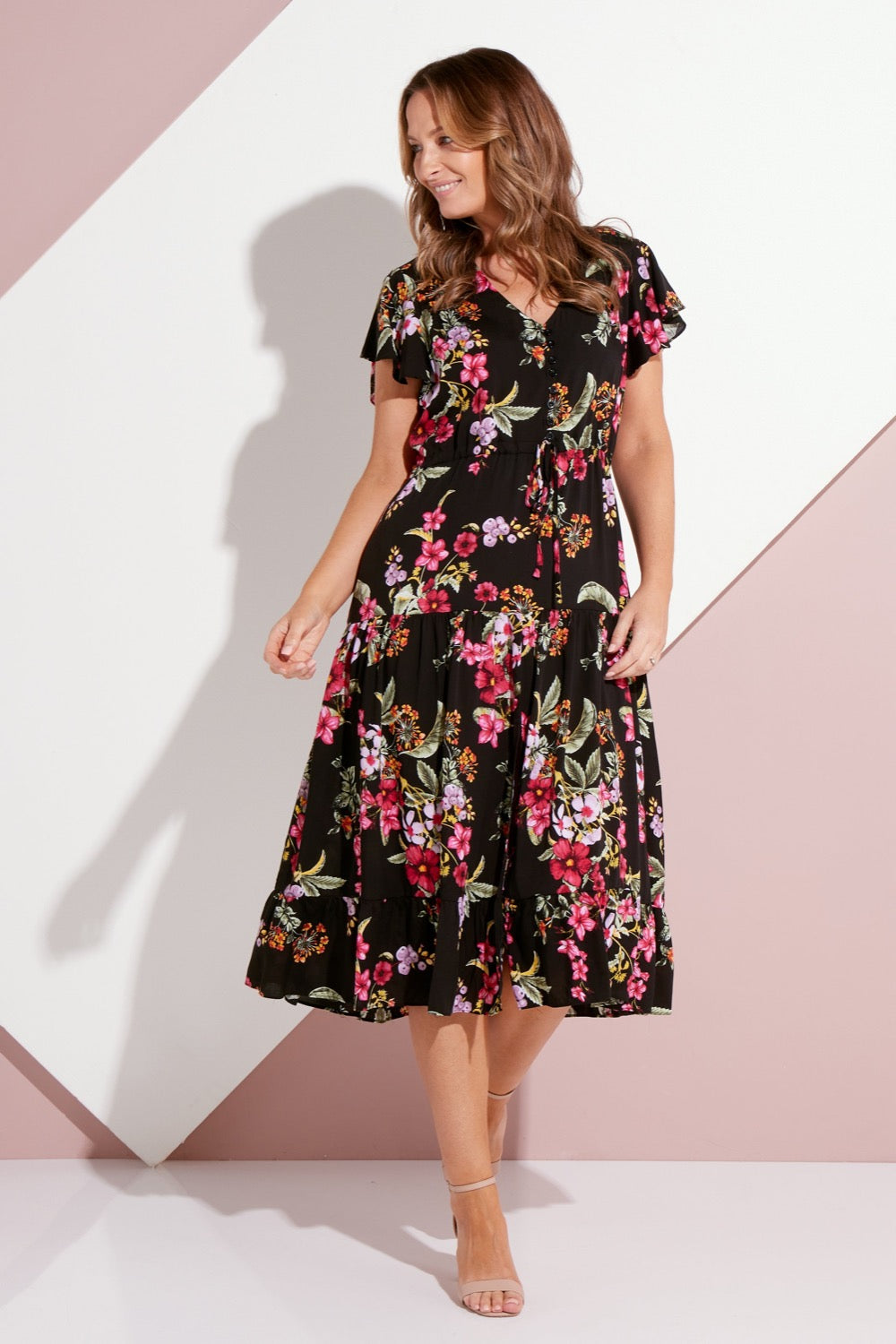 Flutter Sleeve Dress - Black Ruby Hibiscus