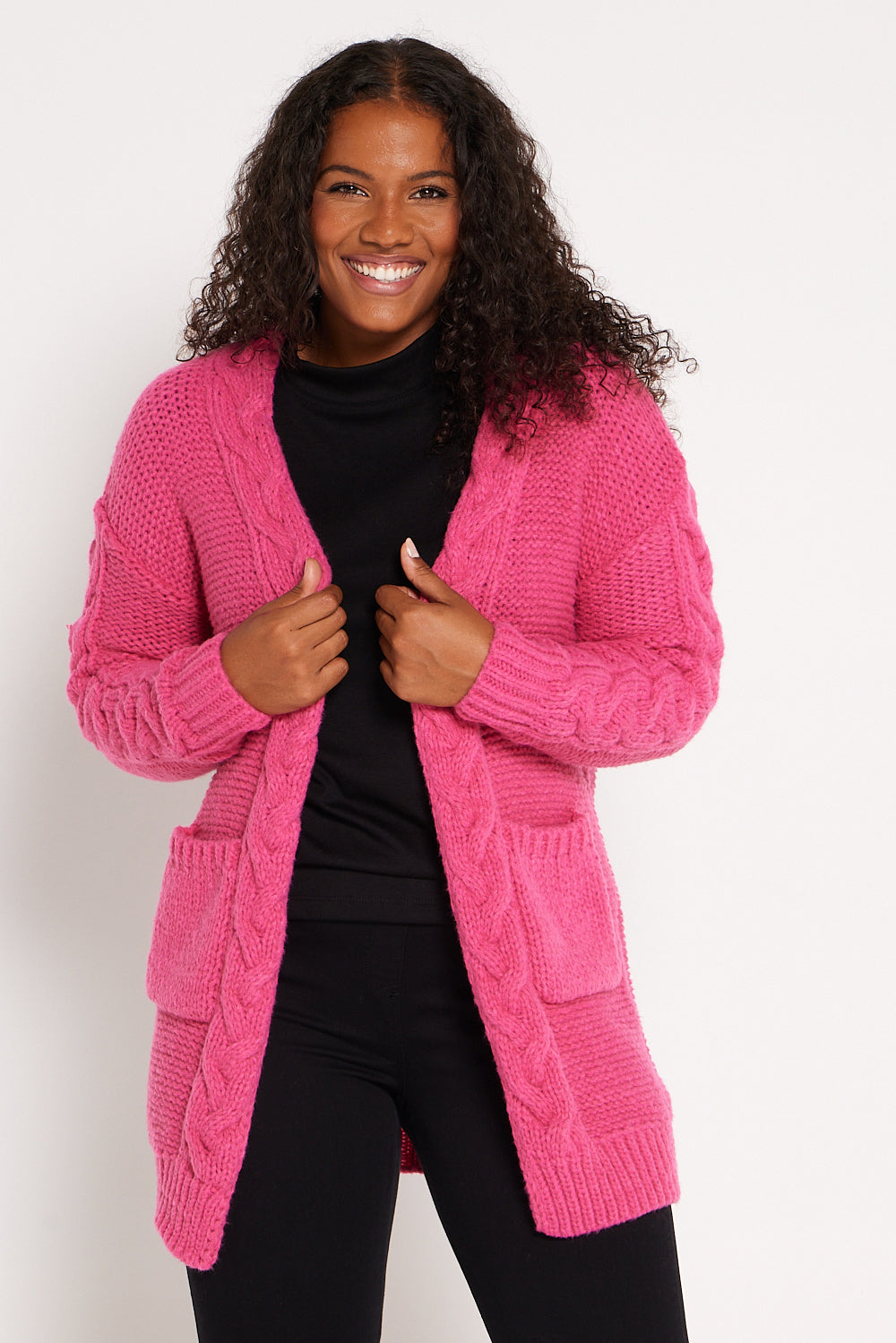 Hannah Cable Knit Cardigan - Hot Pink