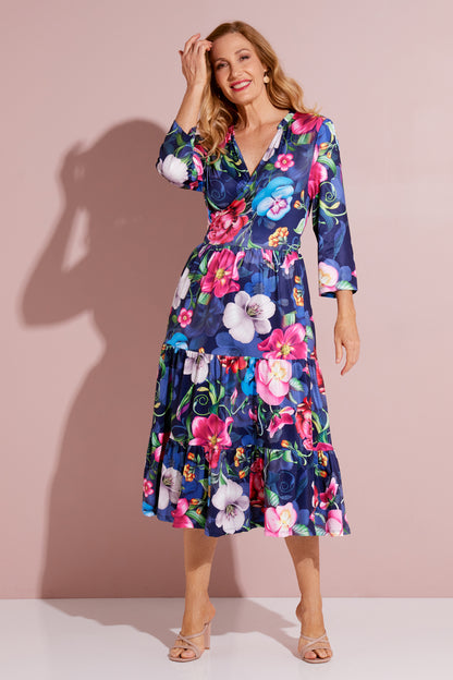 Imogen Wrap Dress - Navy/Pink Bouquet