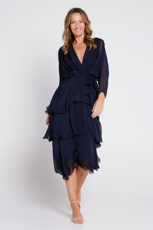 Isabella Silk Dress - Navy