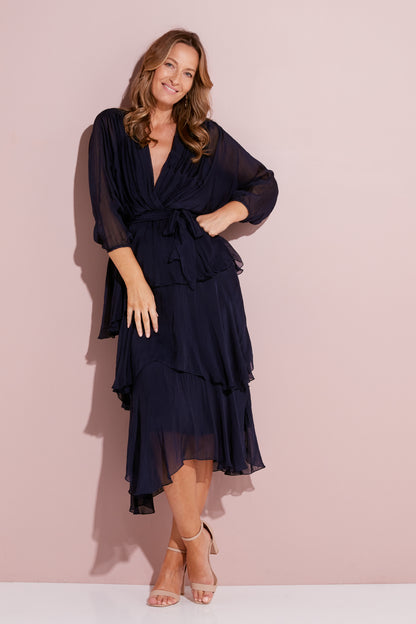 Isabella Silk Dress - Navy