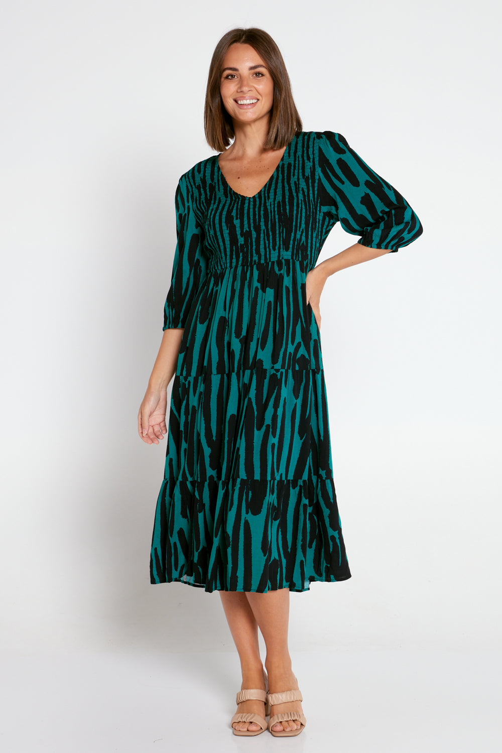 Kellie Shirred Dress - Black Green