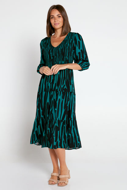 Kellie Shirred Dress - Black Green