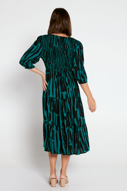 Kellie Shirred Dress - Black Green
