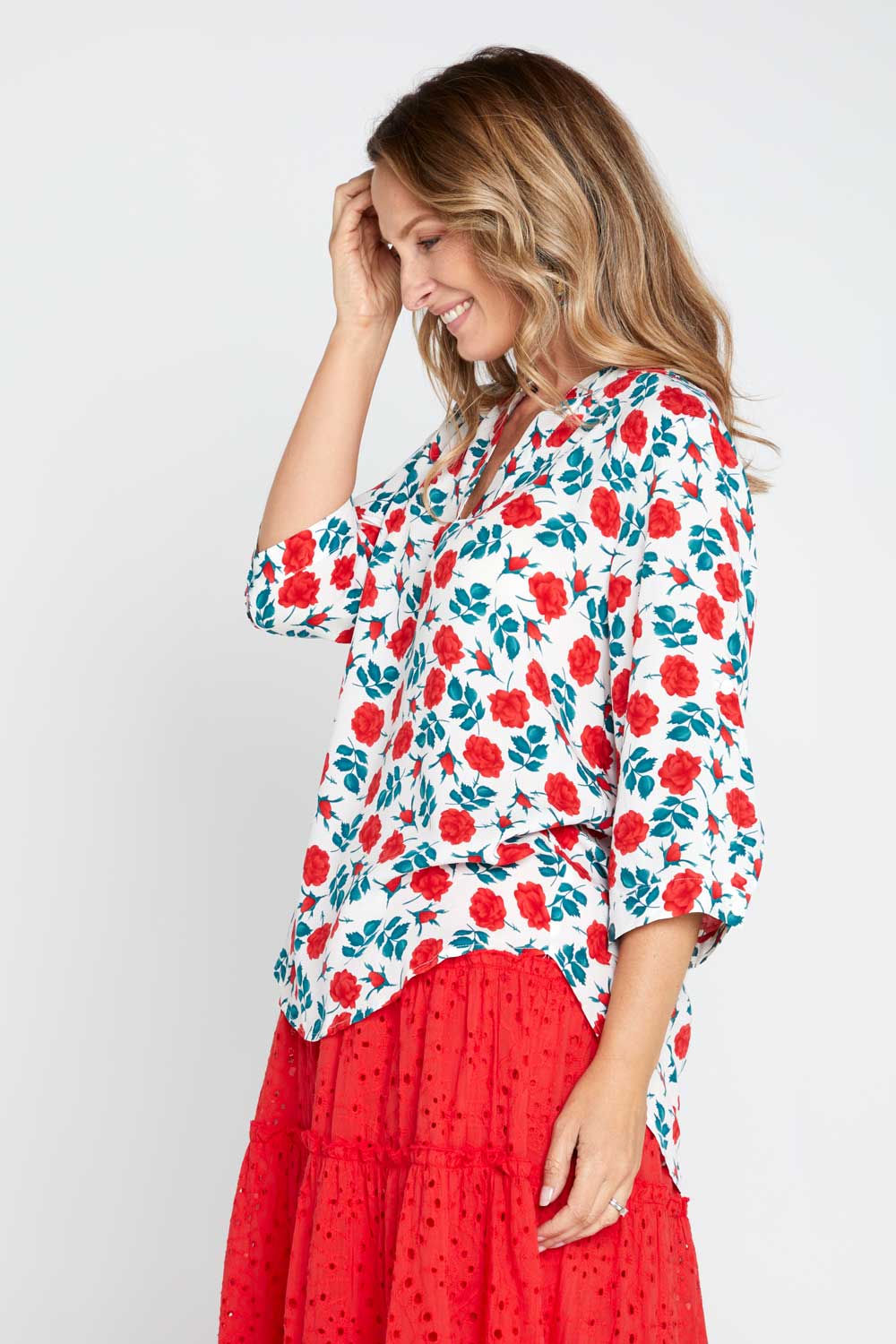 Marielle Blouse - White/Red Rose