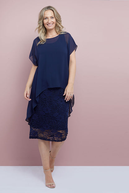 Ophelia Lace & Chiffon Dress - Navy