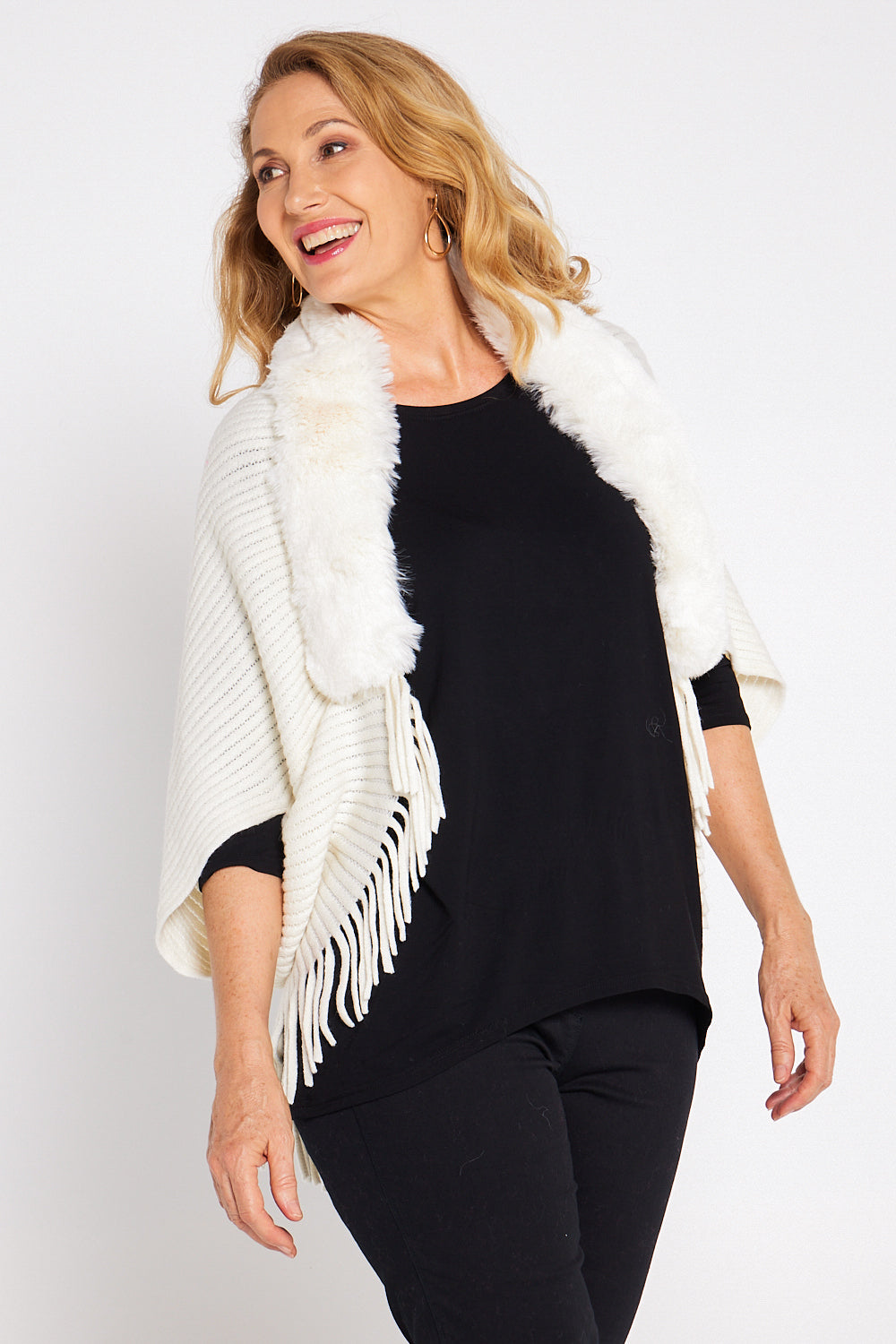 Rita Faux Fur Knit Cape - Cream