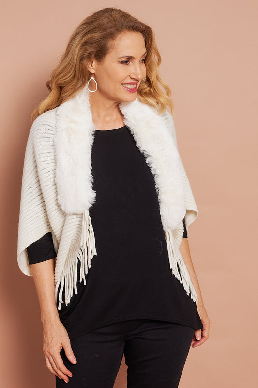 Rita Faux Fur Knit Cape - Cream