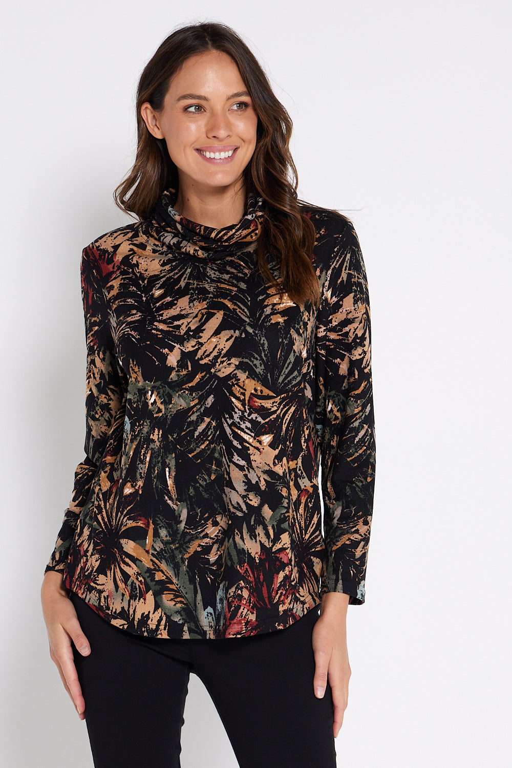 Rosana Cowl Knit Top - Multi Leaf Print
