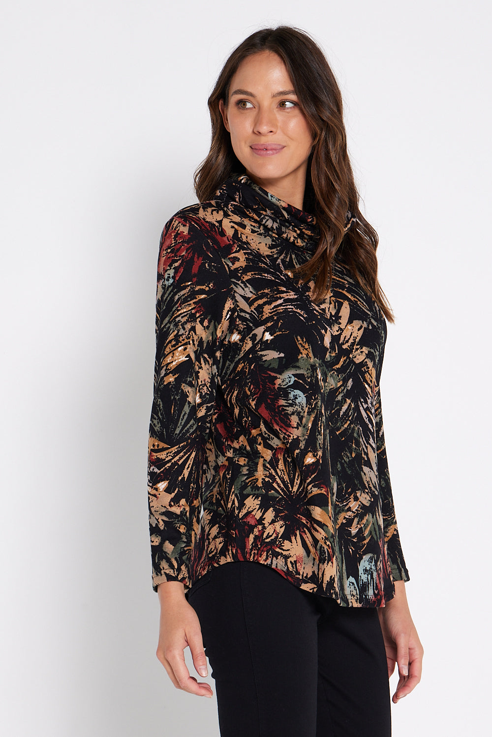 Rosana Cowl Knit Top - Multi Leaf Print