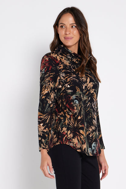 Rosana Cowl Knit Top - Multi Leaf Print