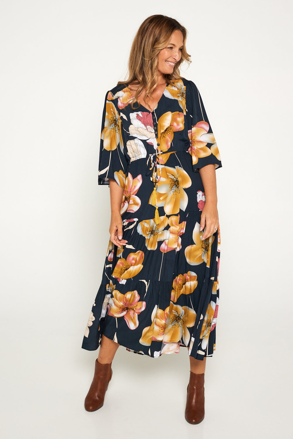 Allocasia Dress - Navy/Golden Floral