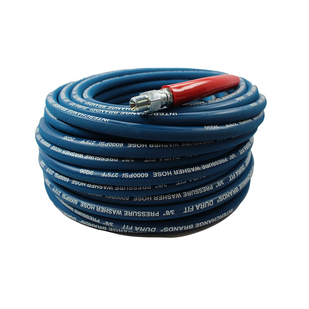 Interchange Brands 3654 3/8" x 100' 6000 PSI Threaded Blue Wrapped Cover High-Pressure Heavy-Duty Solid/Swivel Ends Pressure Washer Hose